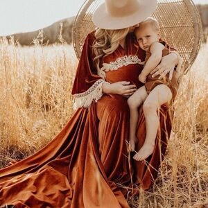 Reclamation dress Elegant Rust Velvet Gown with Lace Trim